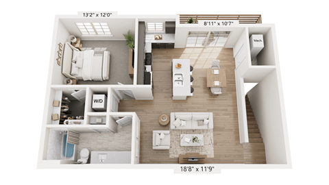 Floor plan for 1 bed, 1 bath, 845 sqft